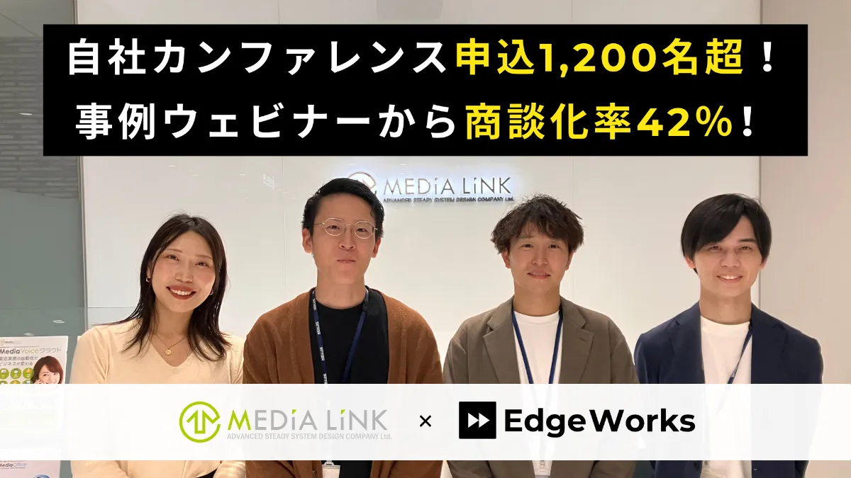 メディアリンク × Edge Works チーム集合写真。自社カンファレンス申込1,200名超/事例ウェビナー商談化率42%